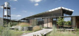 The primary entry, shown in this photo, draws visitors to the screened exhibit space elevated above grade to minimize surface flow disturbance along the native plant courtyard.