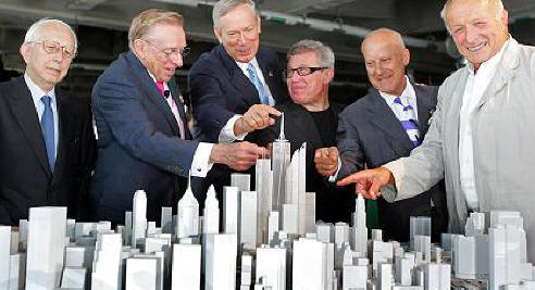 New York Gov. George E. Pataki, center left, stands with, from left, architect Fumihiko Maki, World Trade Center Developer Larry A. Silverstein, architects Daniel Libeskind, Lord Norman Foster and Lord Richard Rogers.